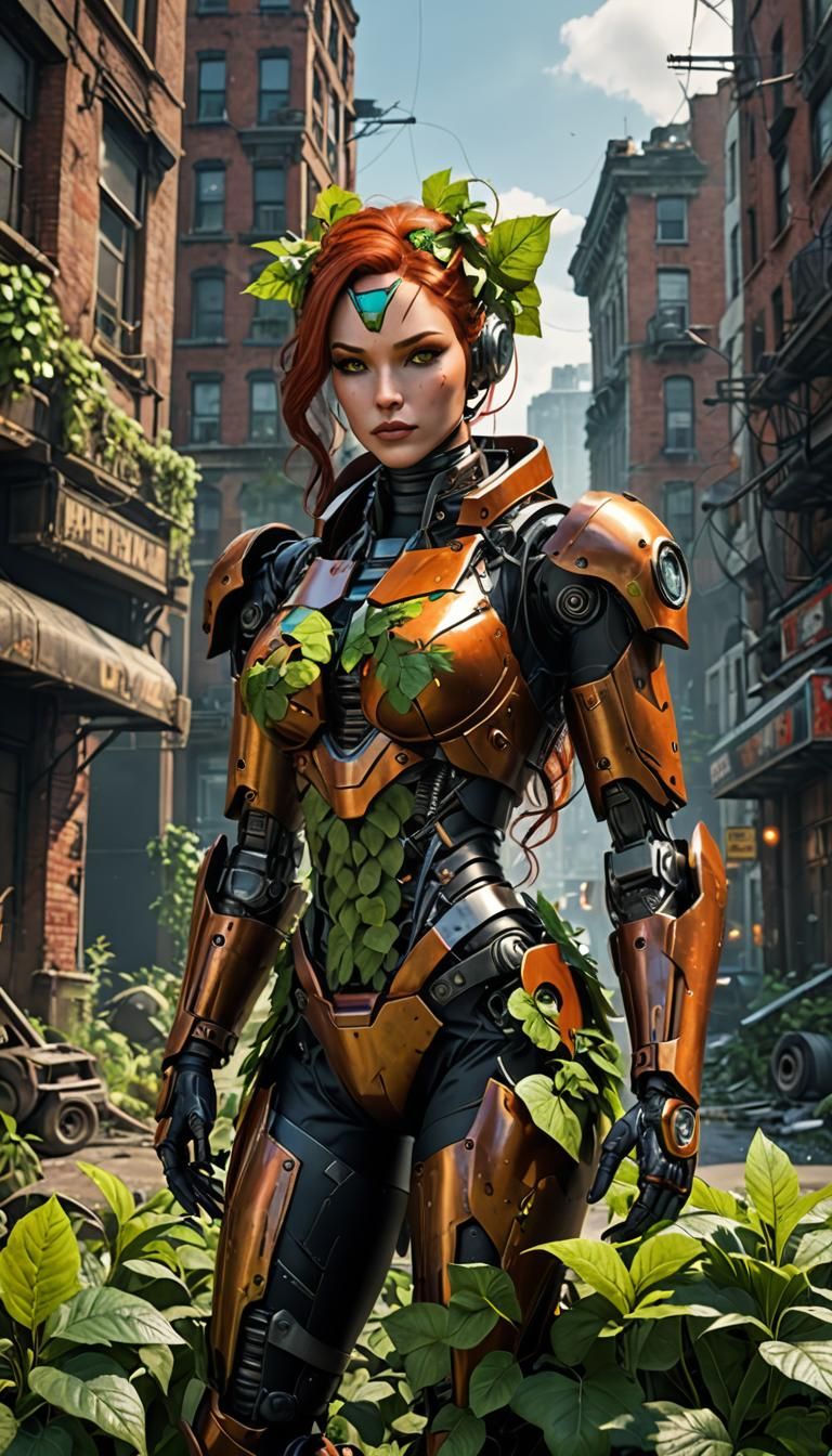 Robotic Poison Ivy in Abandoned City, 3D Render
