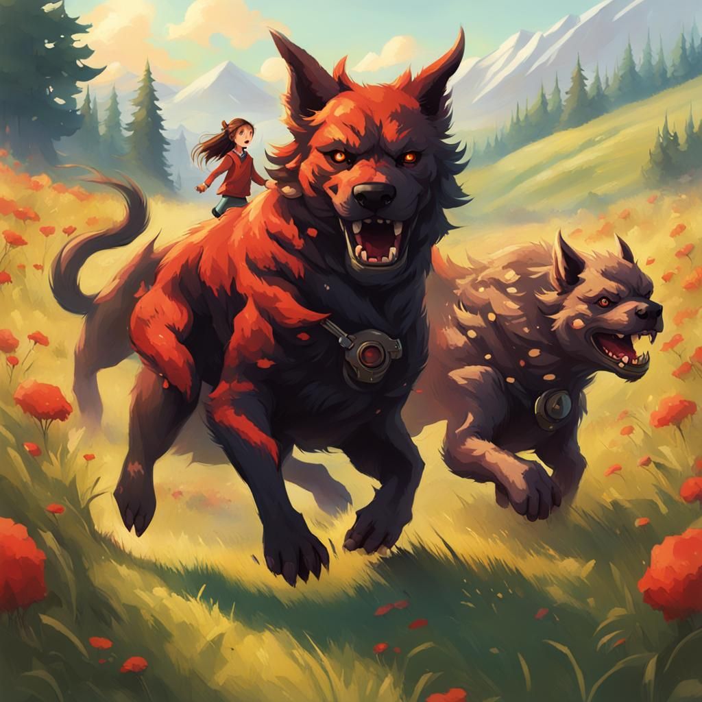 Girl and Cerberus Run Through Meadow