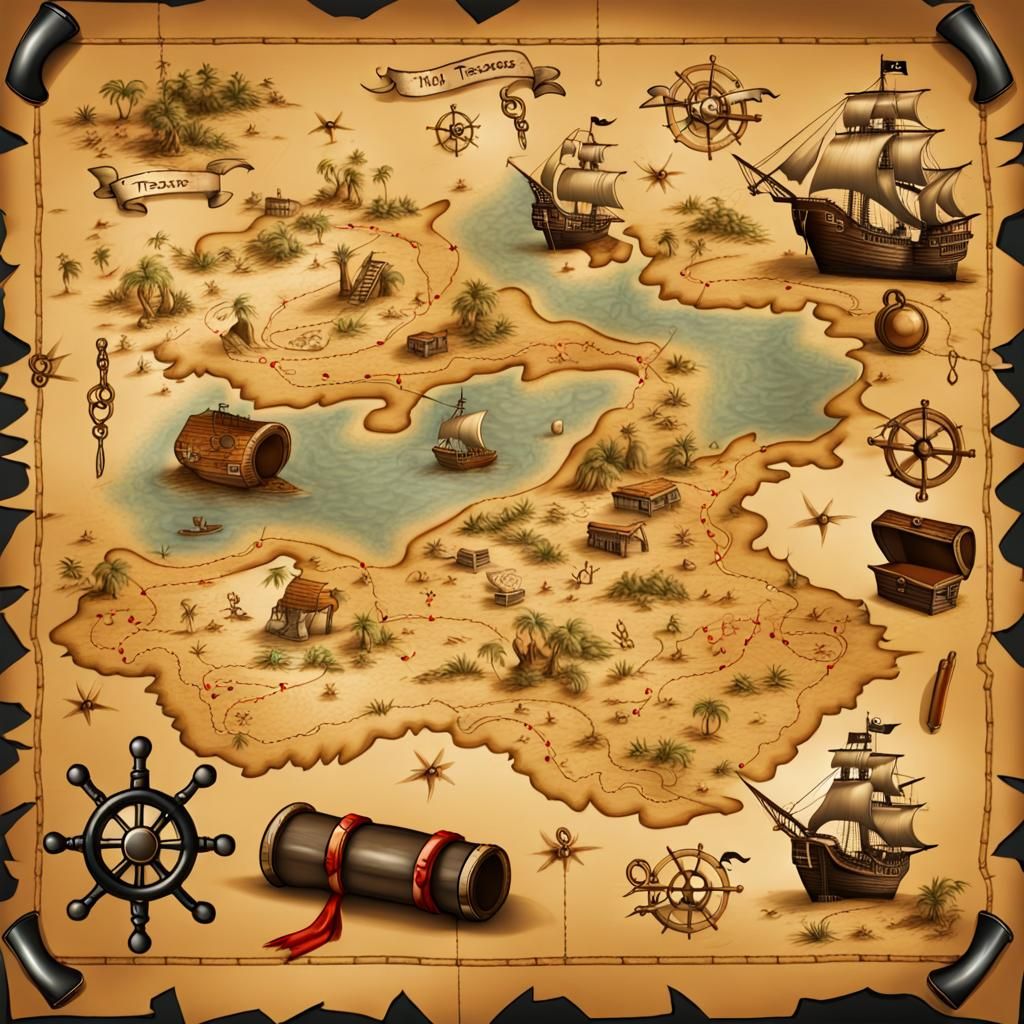 Photorealistic Treasure Map with Pirate Symbols