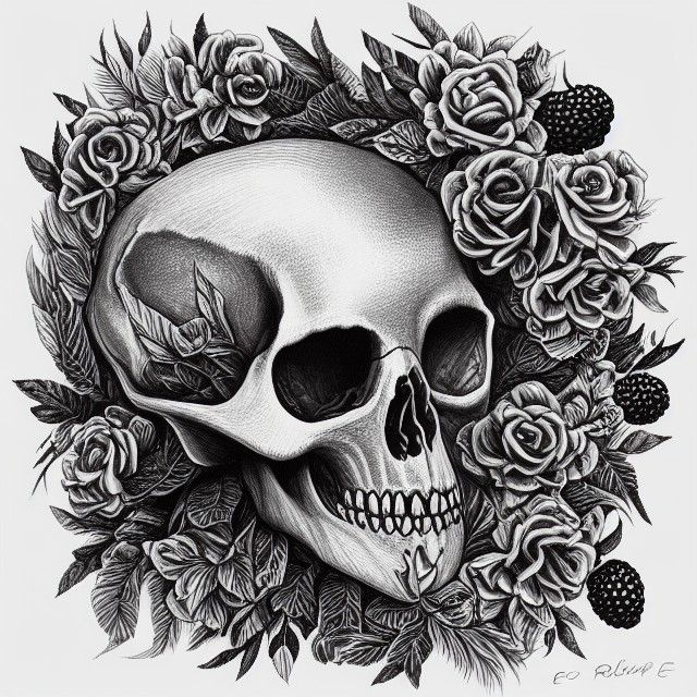 Fawn Skull Drawing with Blackberry Wreath Art Print