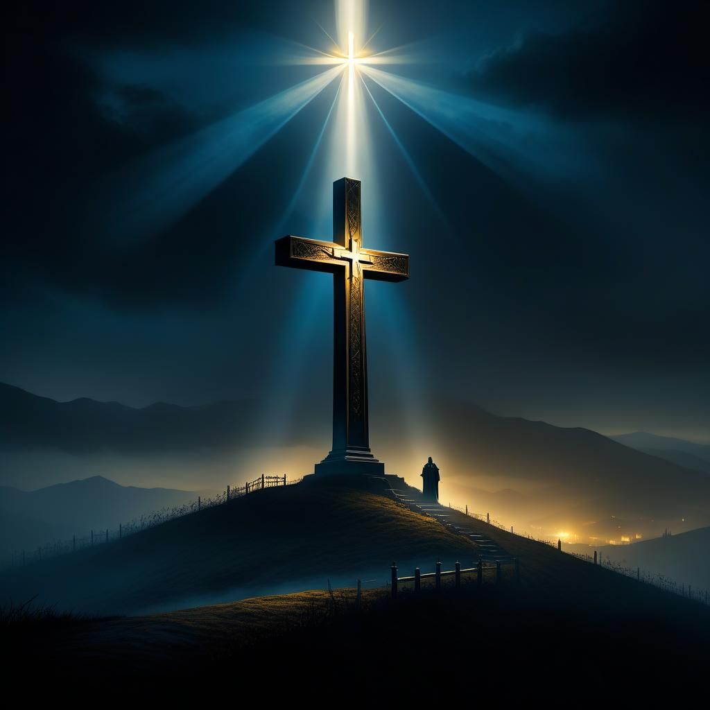 Radiant Cross on Misty Hill: Gothic Digital Art