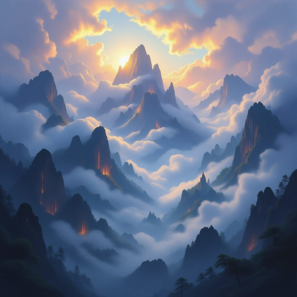 Ethereal Cities Hidden in Misty Mountains, Oil Painting Styl...