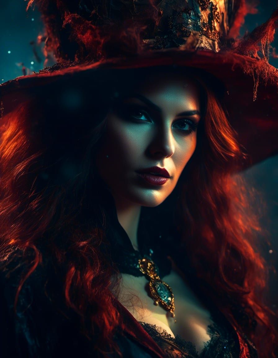 Mystic Witch Portrait with Flying Particles