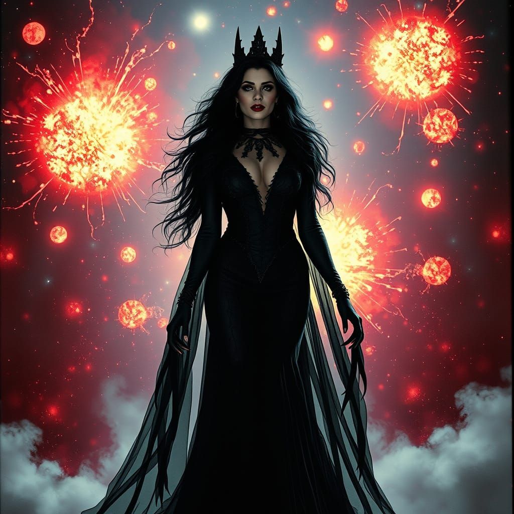 Elvira in Gothic Vampire Cosplay with Exploding Novas