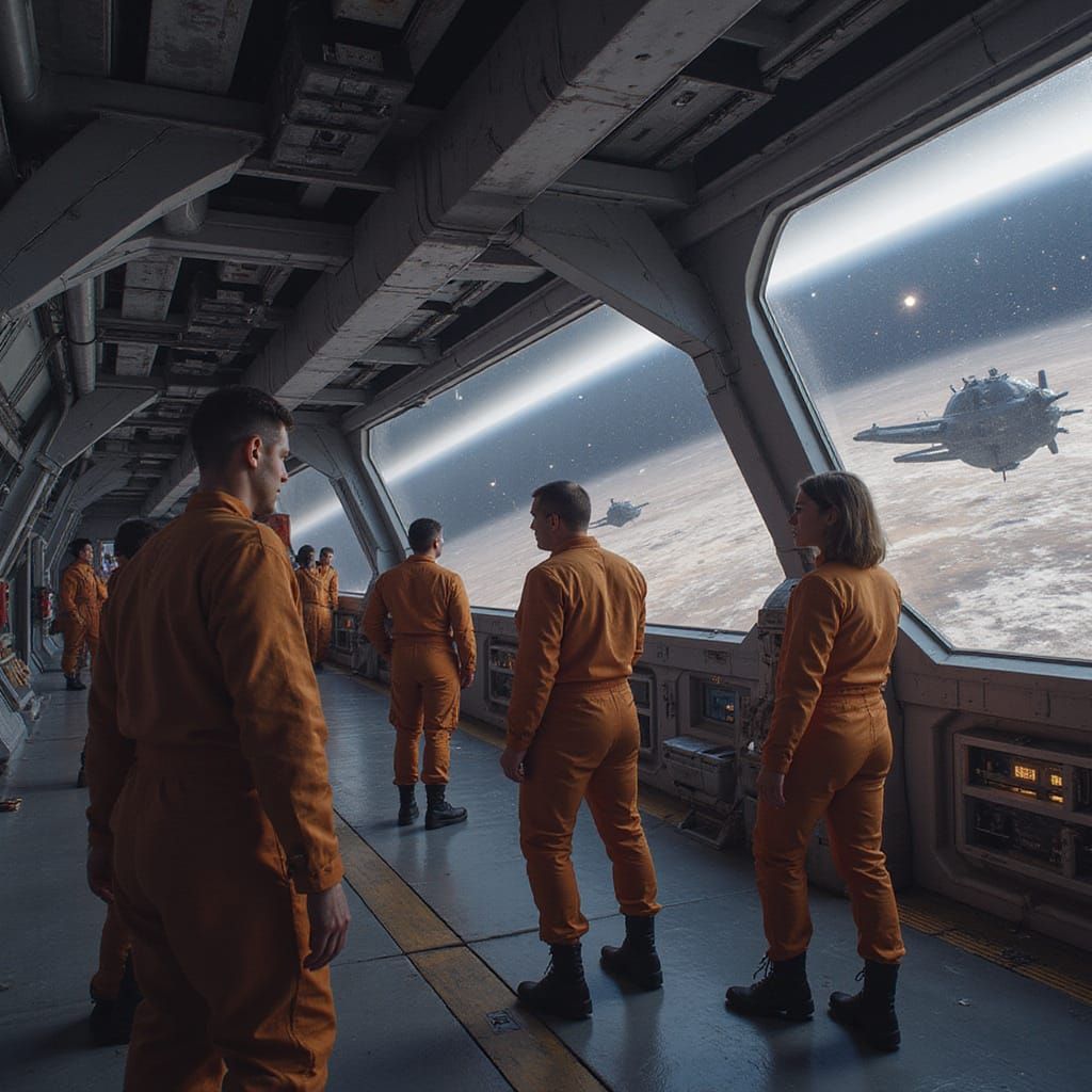 A future starship with the crew ready to go to fly through t...