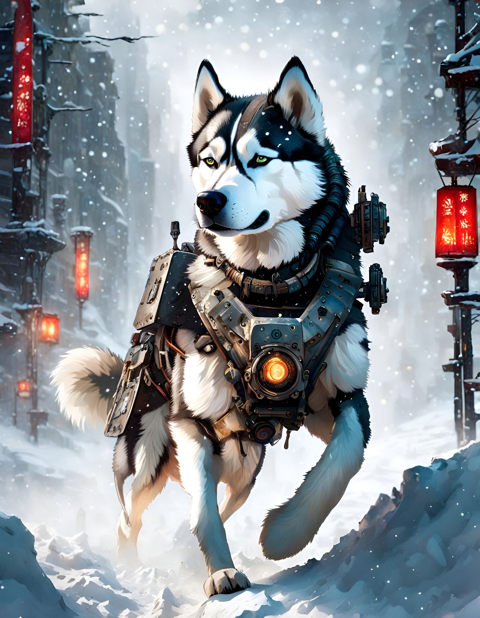 Surreal Battle Mechanoid in Tundra Snowstorm