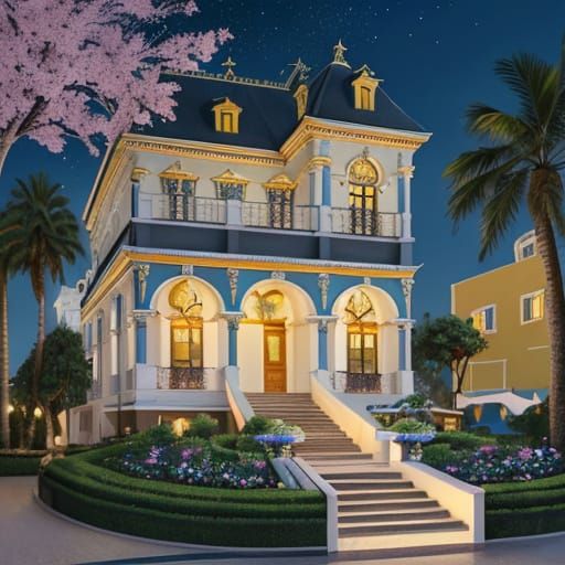 Hyperrealistic Villas and Gardens at Night
