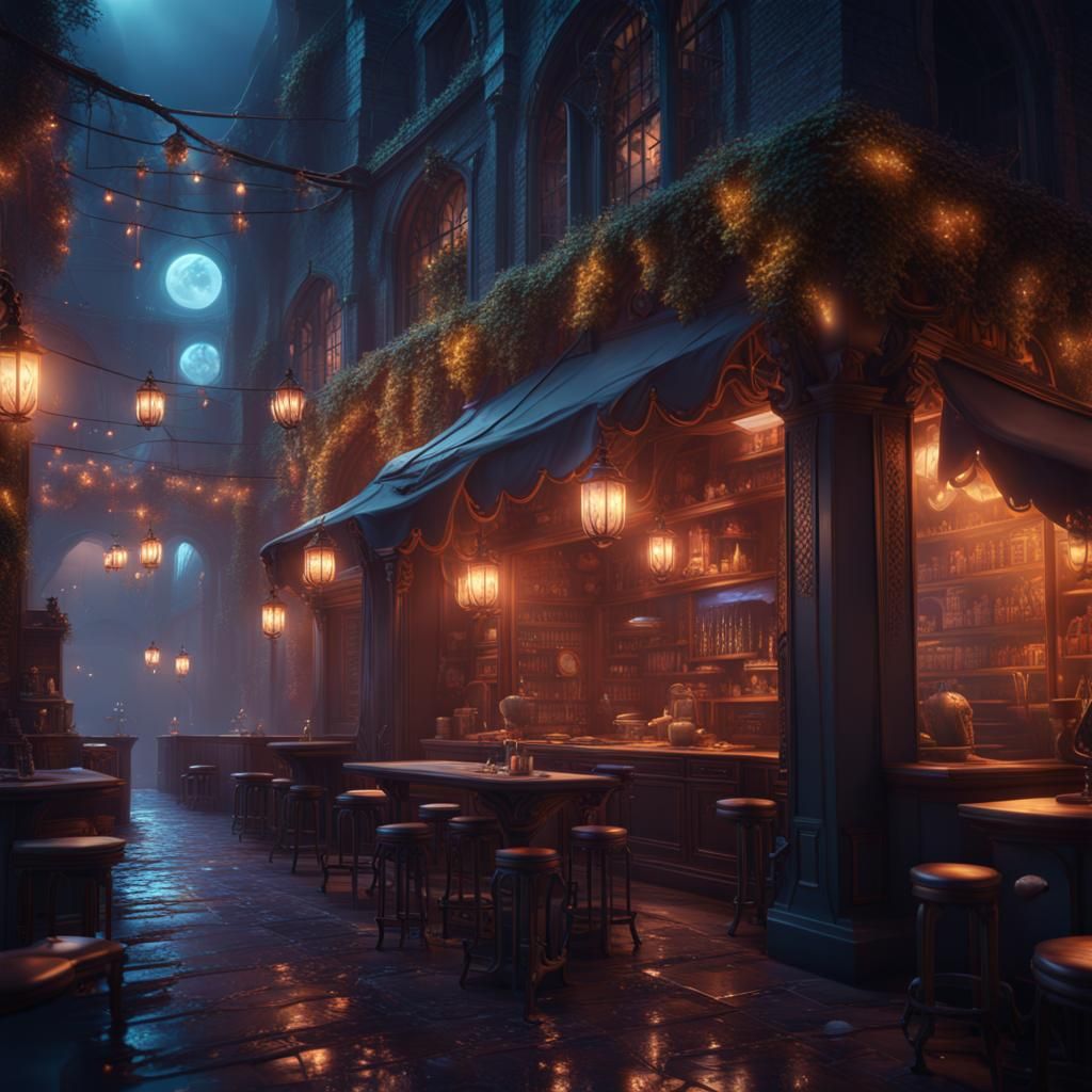 Fantastical Night Cafe: Detailed Matte Painting