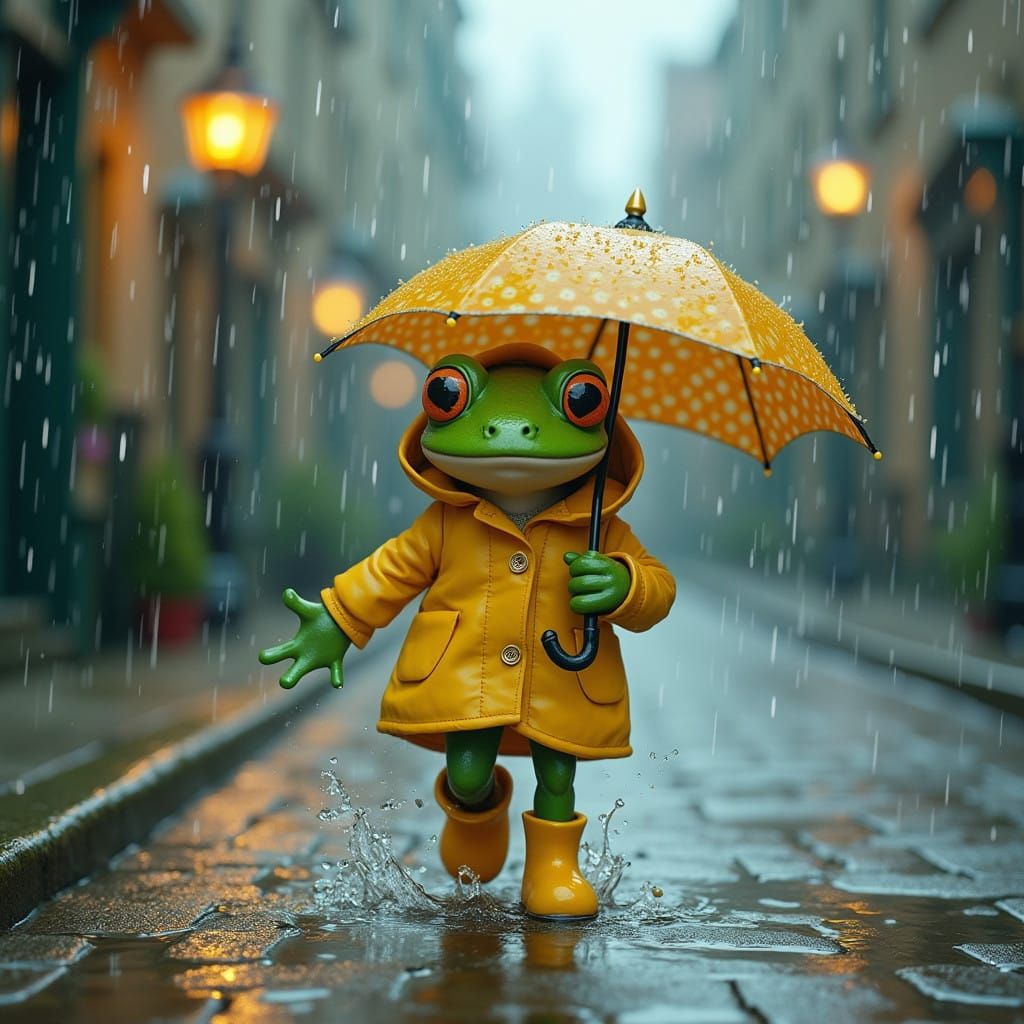 Whimsical Frog in Rainy Scene, Inspired by Quentin Blake