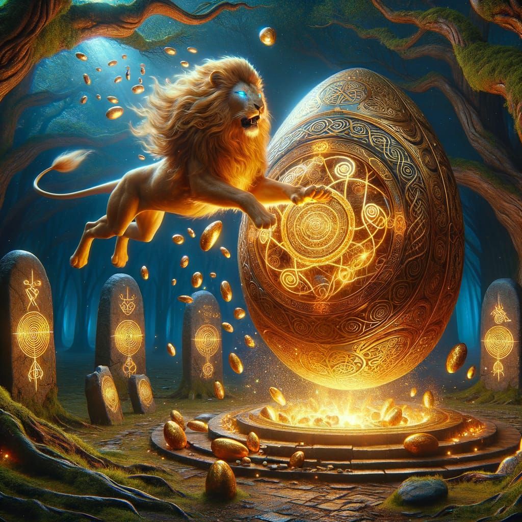 Golden Lion Emerges from Rune-Etched Egg