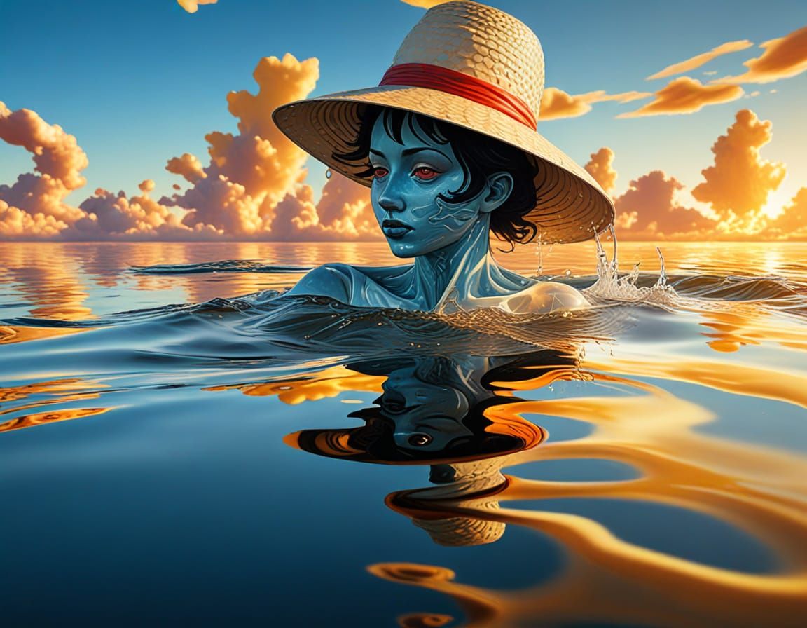 Figure Adrift in Turbulent Waters, Amidst Whimsical Cartooni...