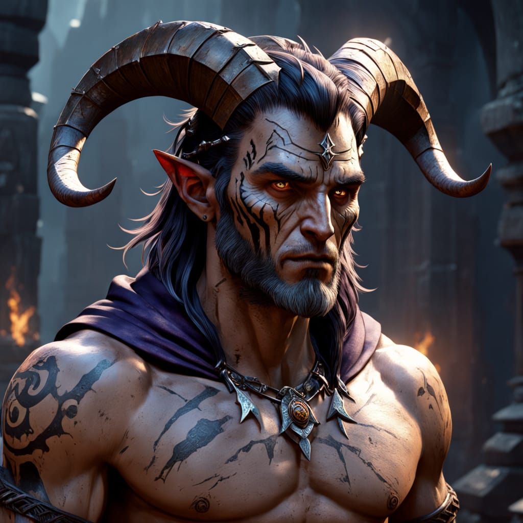 Dark Fantasy Sorcerer with Goat-Like Horns and Amber Eyes