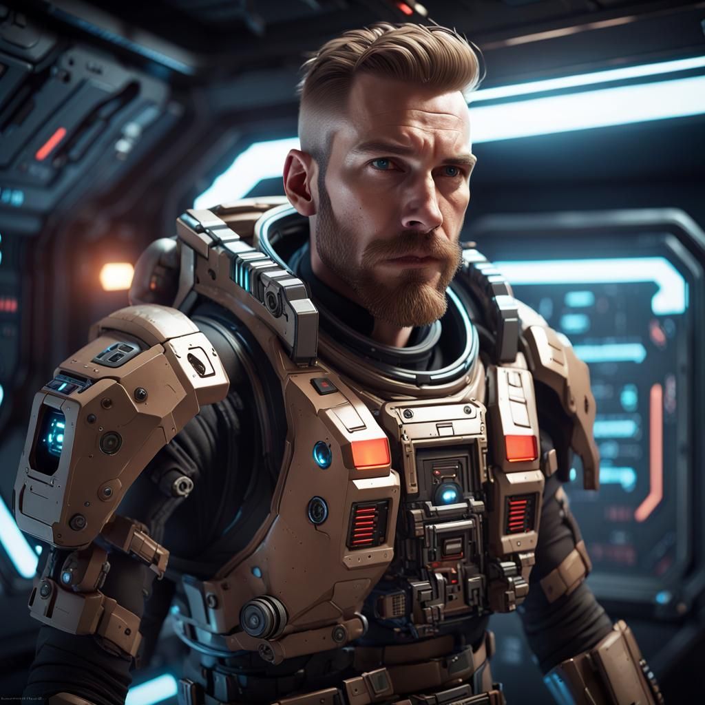 Cyberpunk Space Warrior in Armored Spaceship