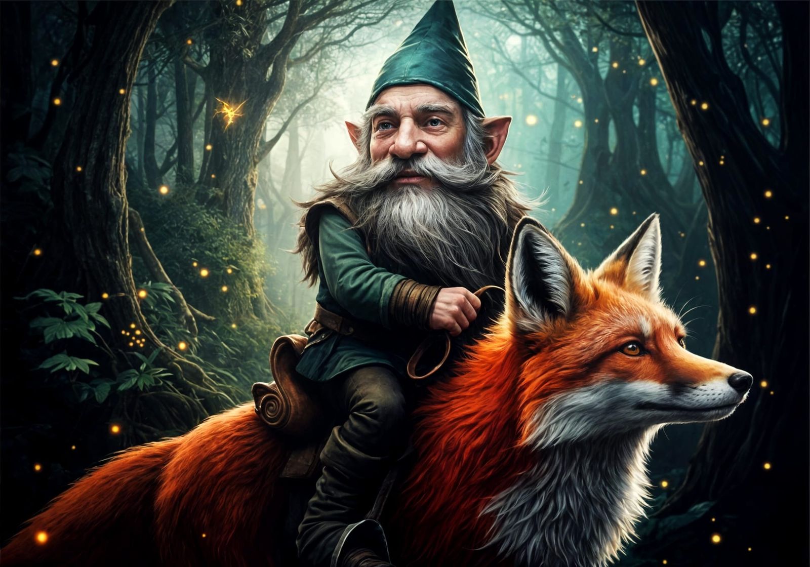 Gnome Riding Fox Through Magical Forest
