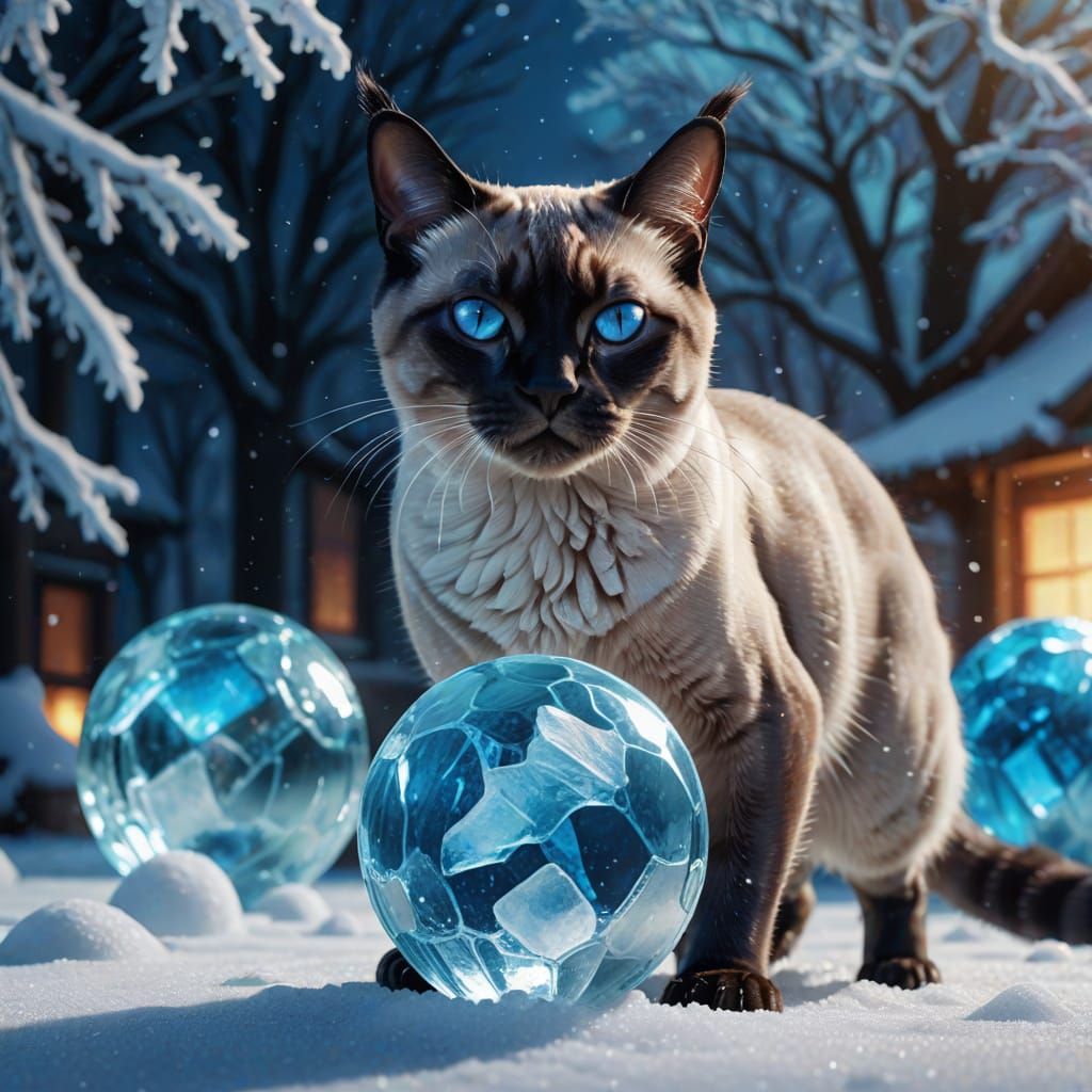 Icy Siamese Cat Conjuring Magic: Digital Art