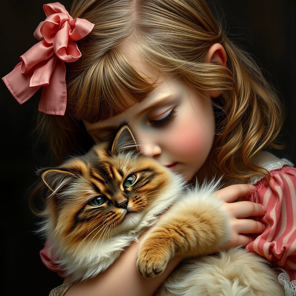 Young Girl with Persian Cat in Vintage Oil Painting Style