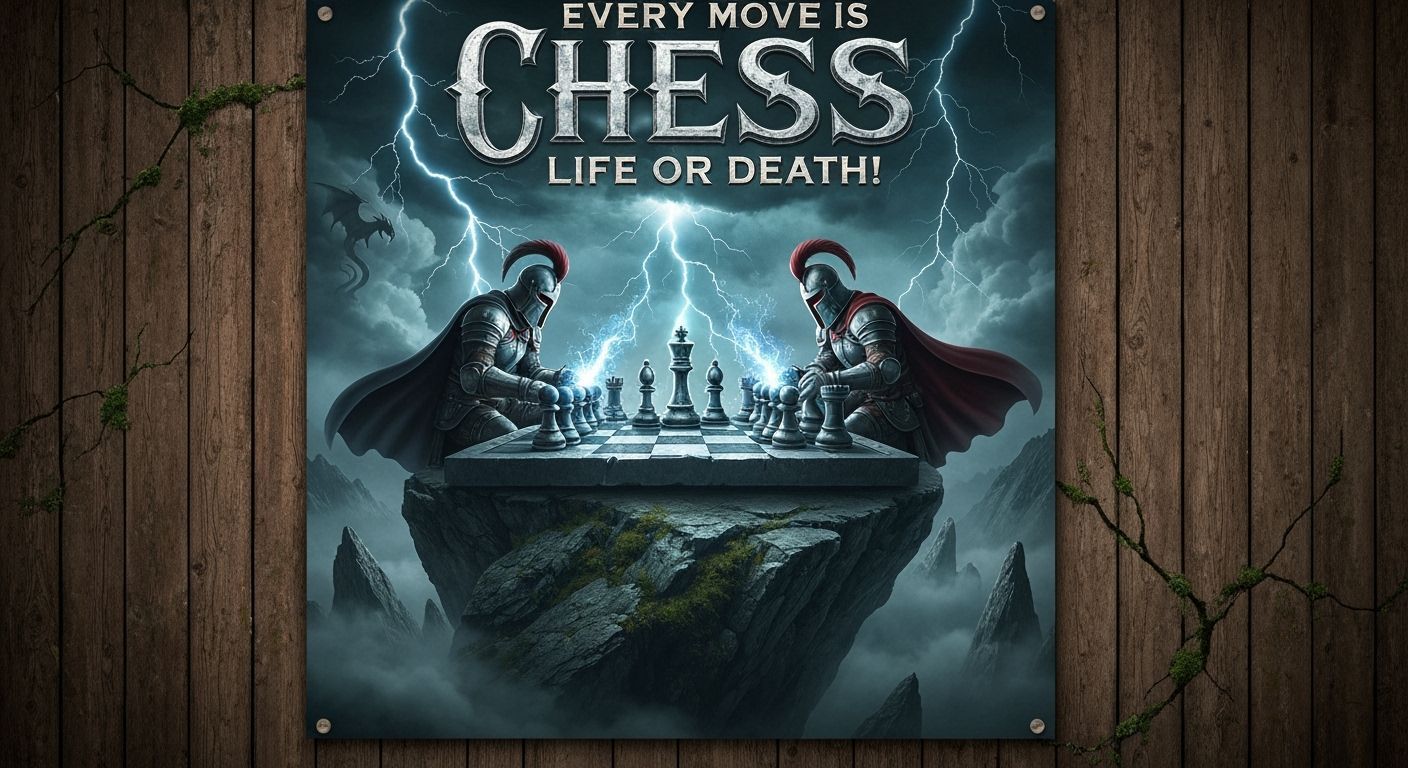 Epic Chess Championship Poster: Knights on Stormy Mountain