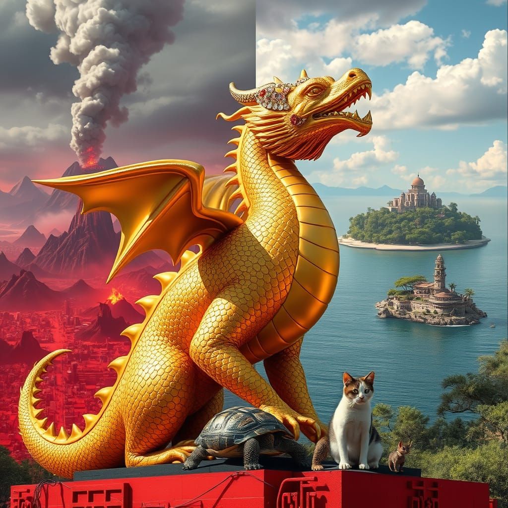 Golden Dragon Statue with Ruby-Encrusted Lizard and Eco-Frie...