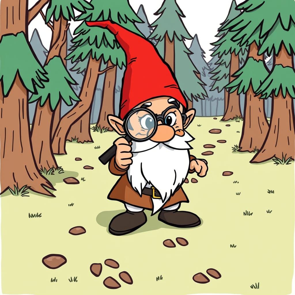 Gnome Detective Searches Whimsical Forest in Cartoon Style