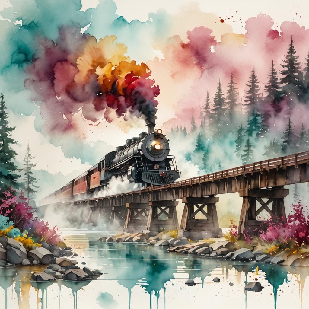 alcohol ink, watercolour, splash art. union pacific 1243 from 1890 steam train crossing a bridge in canada