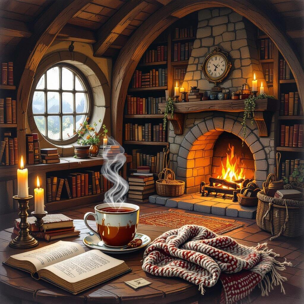 Cozy Hobbit Hole Interior with Fireplace and Bookshelves