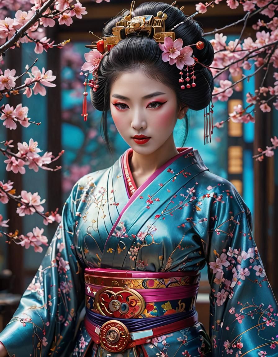 Cybernetic Geisha with Holographic Cherry Blossoms