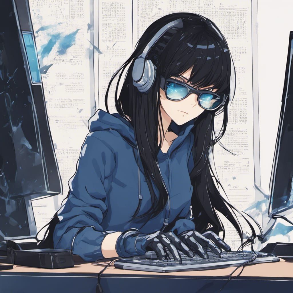 Hacker Girl in Anime Style with Matrix Code