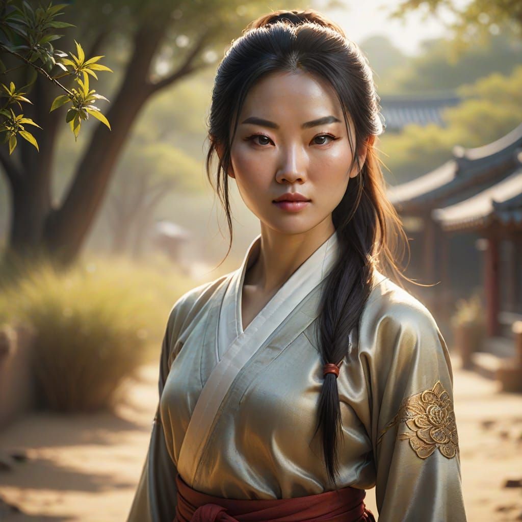 East Asian Woman on Path in Hyper-Realistic Digital Art