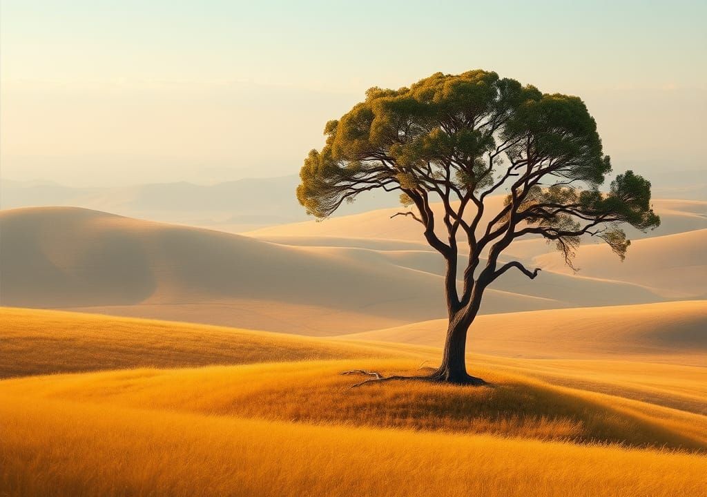 Lone Tree in Golden Landscape, Dreamy Art