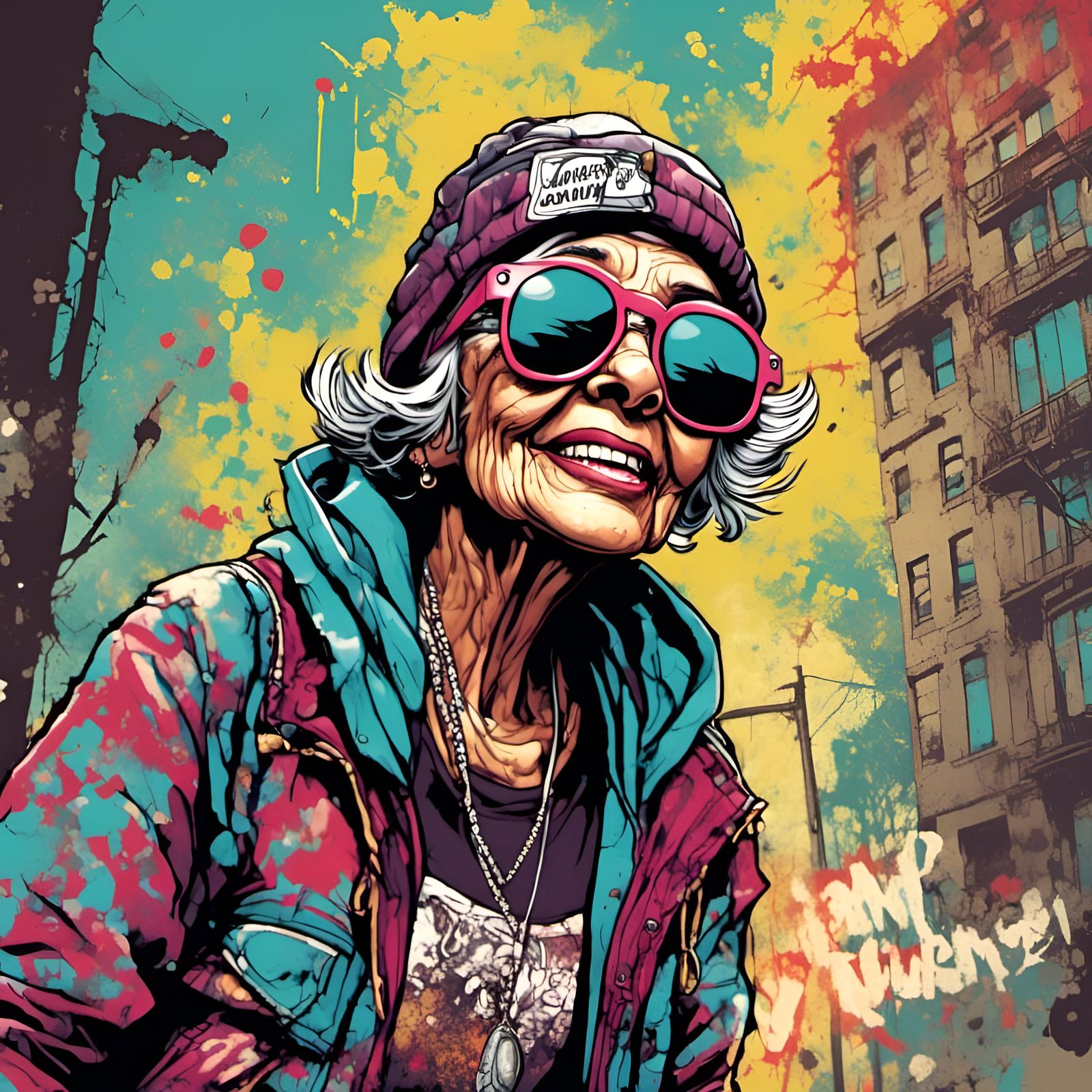 Grandmother Rapper in Comic Book Art Style