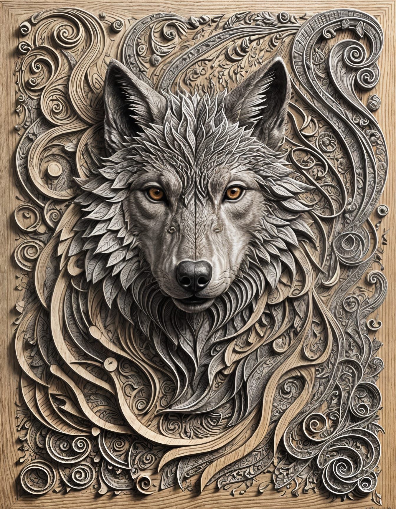 Wolf Head Carving with Embossed Music Notes