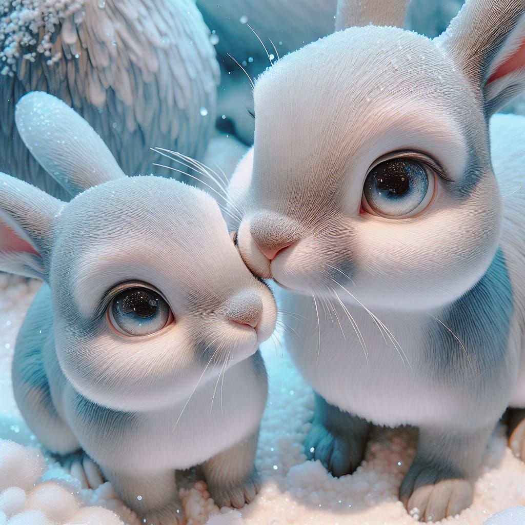 Endearing Rabbits Nuzzle in Winter Snowfall