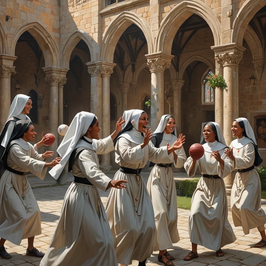 Dominican Nuns Playing Ball in Medieval Cloister