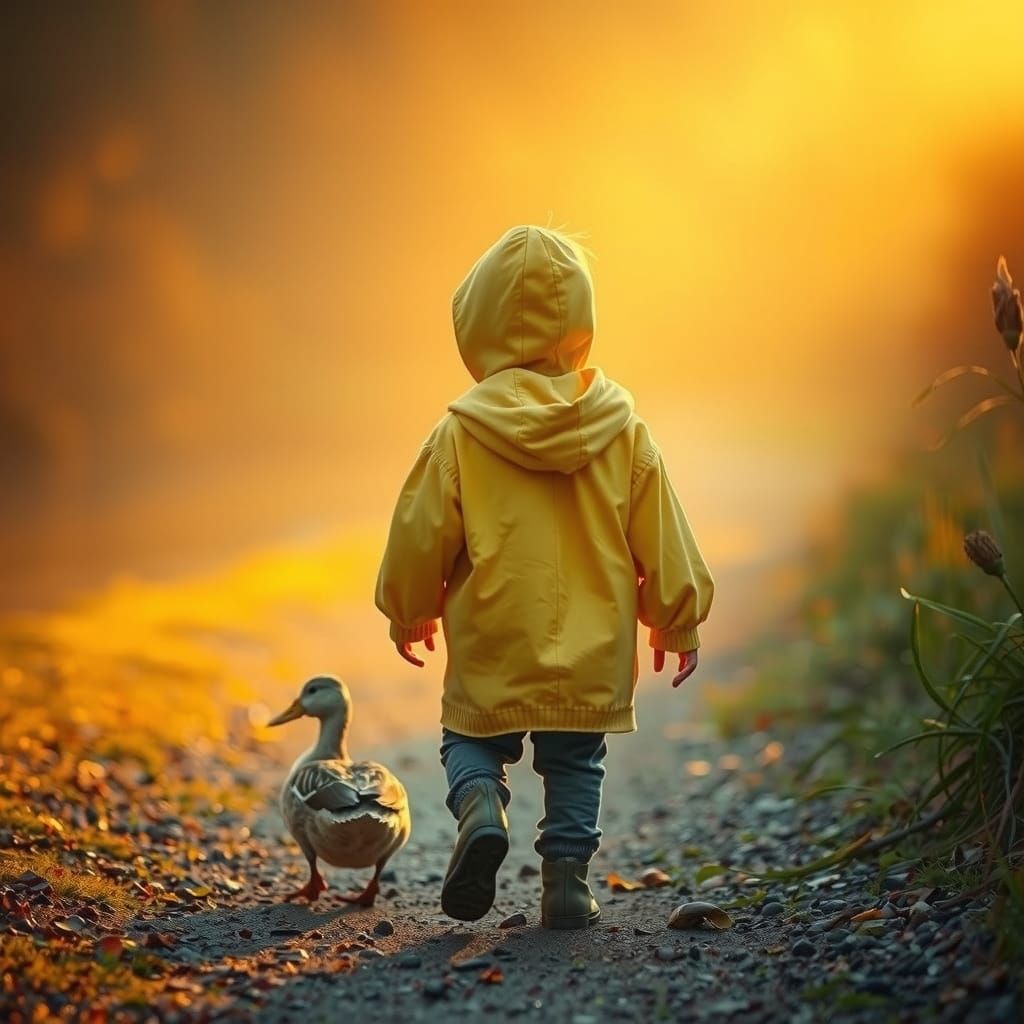Child Follows Majestic Duck Through Warm Golden Light in Cin...