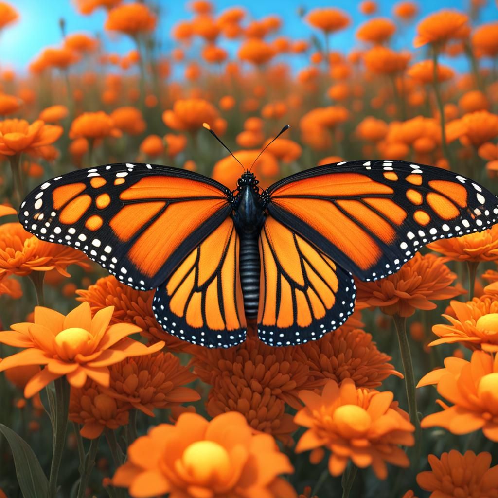 Monarch Butterfly in Orange Flower Field, Digital Art