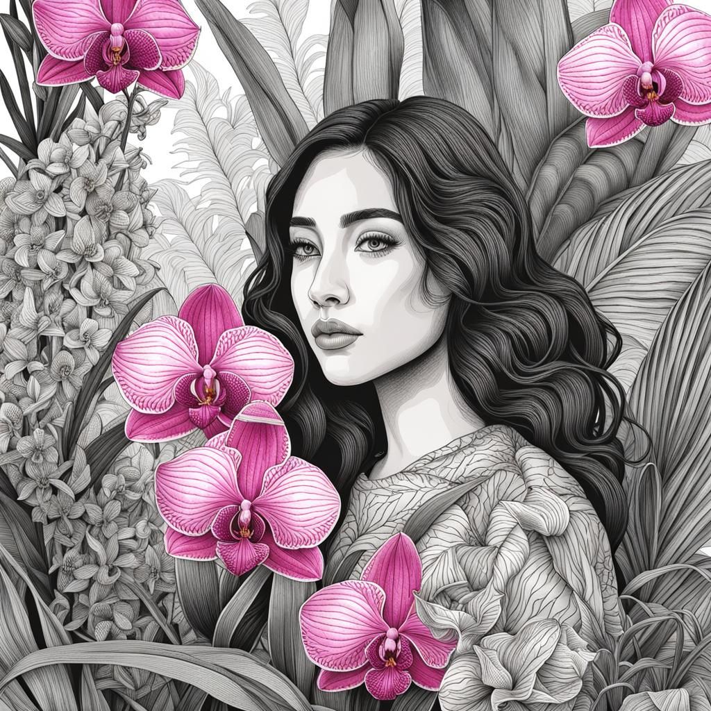Girl with Pink Orchid: Botanical Ink Illustration