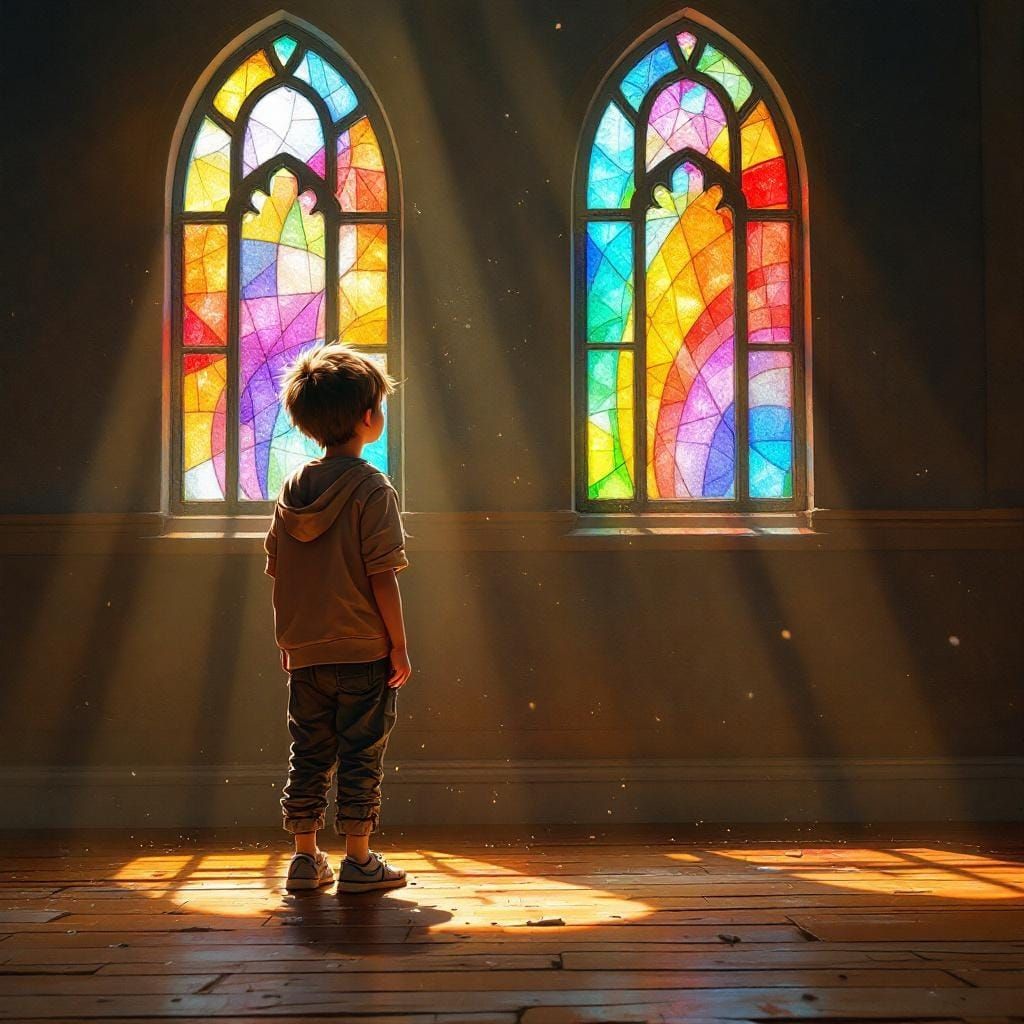 Boy Gazing Through Rainbow Stained Glass Window