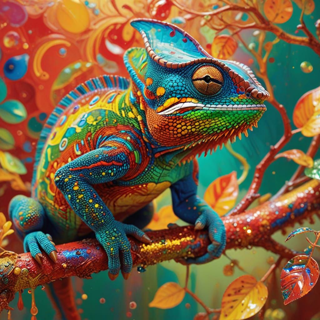 Psychedelic Chameleon Oil Painting with Swirling Patterns
