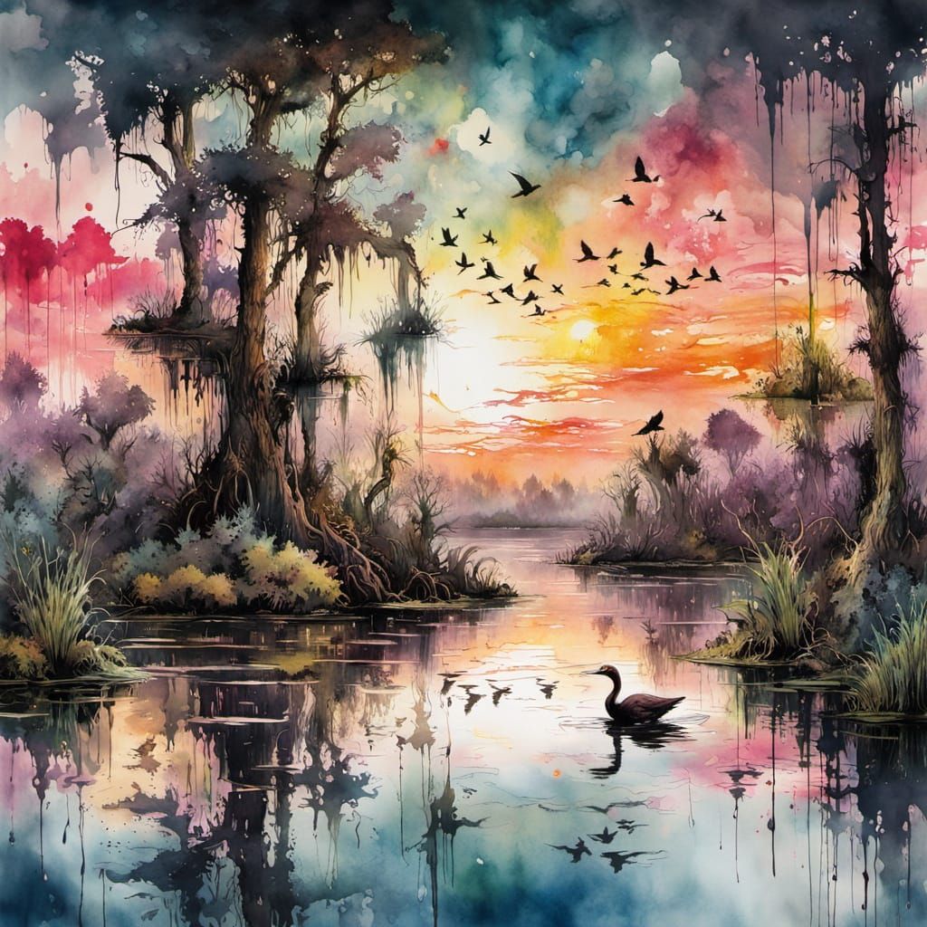 Ethereal Swamp Scene in Watercolor and Ink