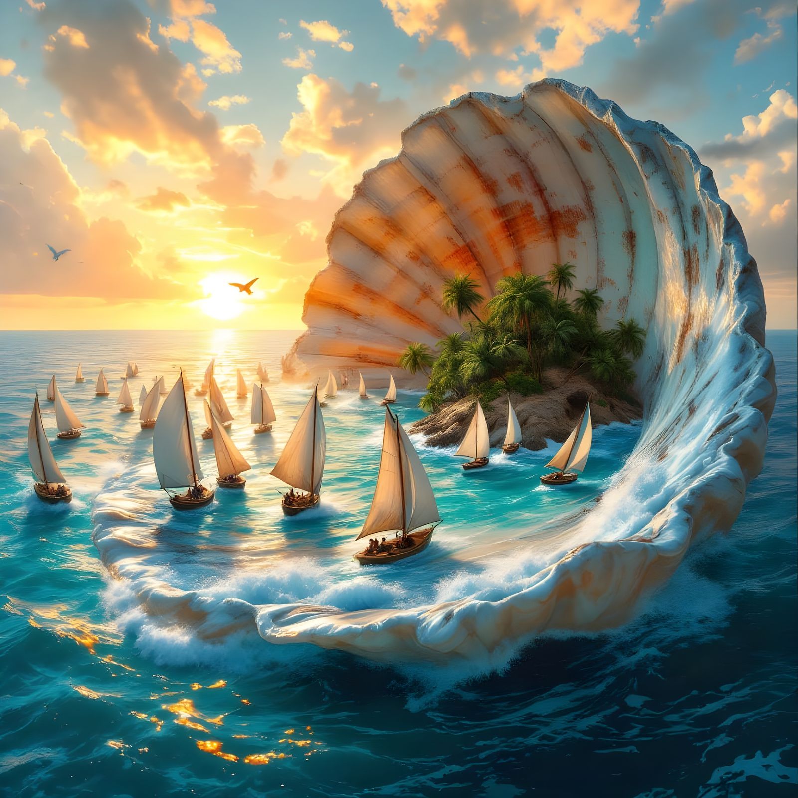 Sailboats in Miniature Tropical Paradise Inside Giant Clamsh...