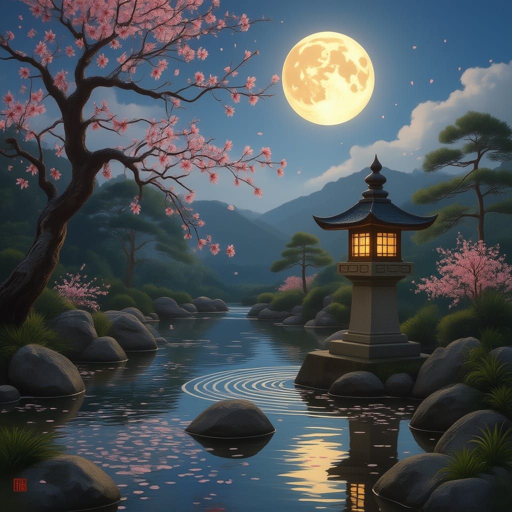Moonlit Japanese Garden with Cherry Blossoms and Koi Pond