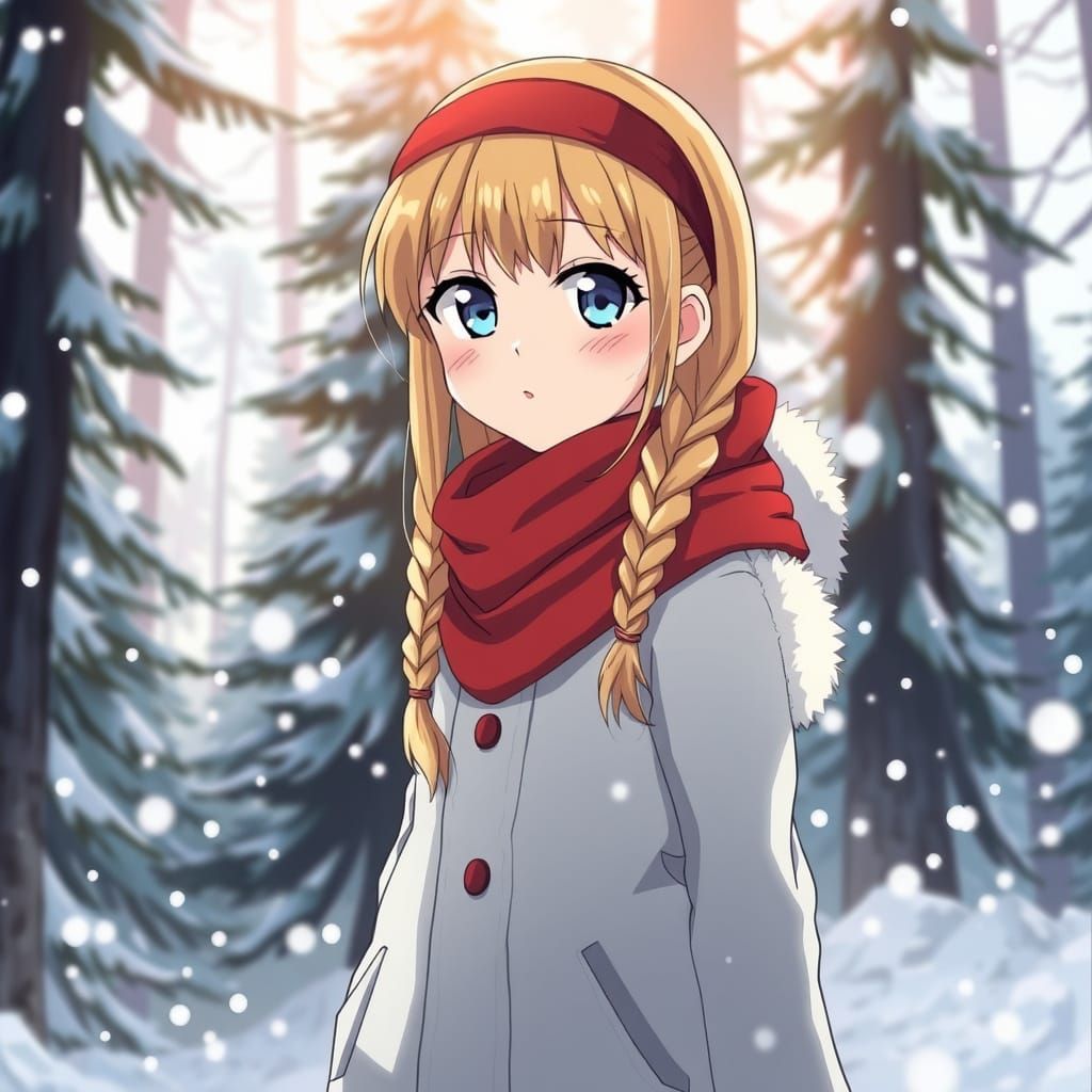 Anime Girl in Snowy Forest with Rim Lighting