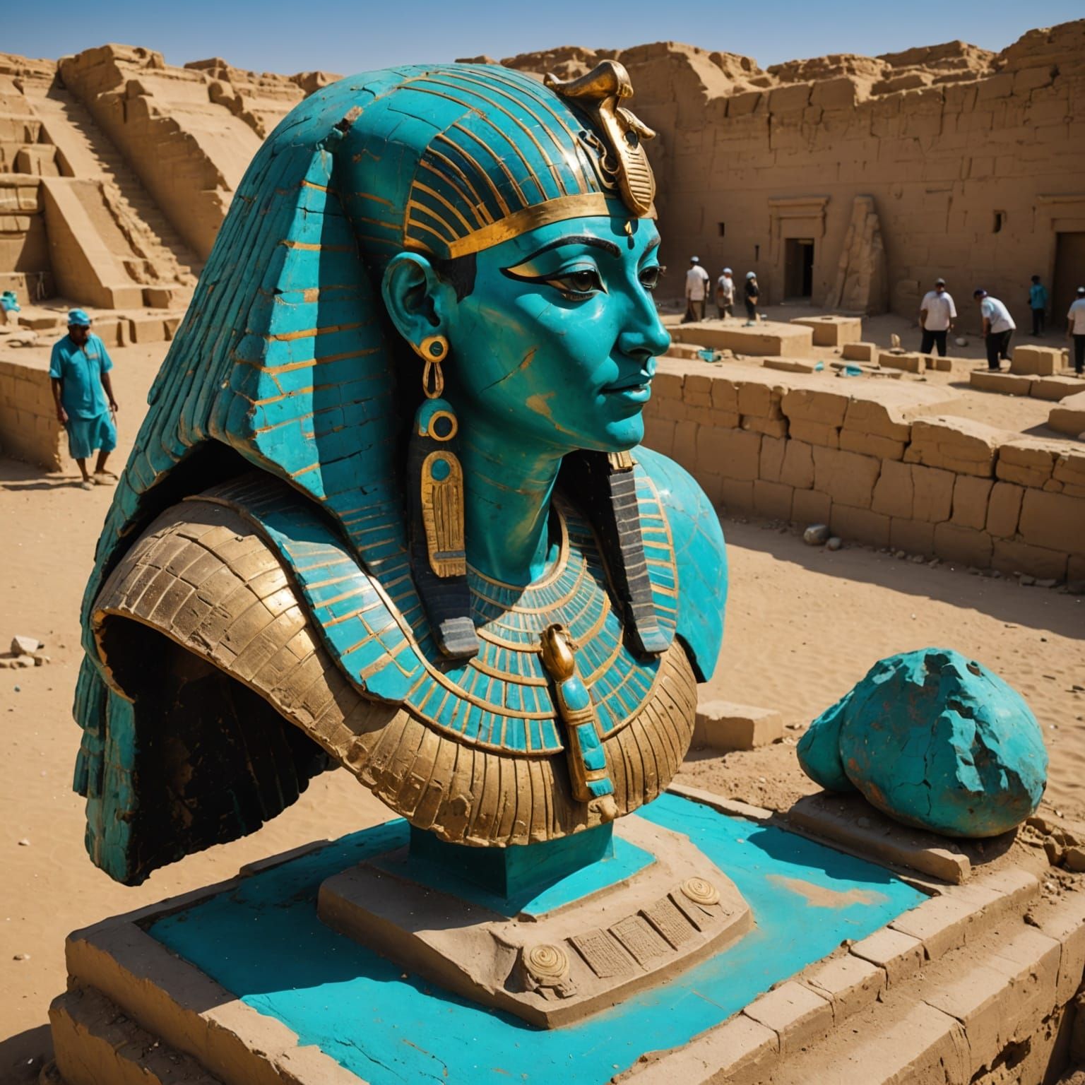 Egyptian Princess Bust in Turquoise and Cyan Gilded Sculptur...