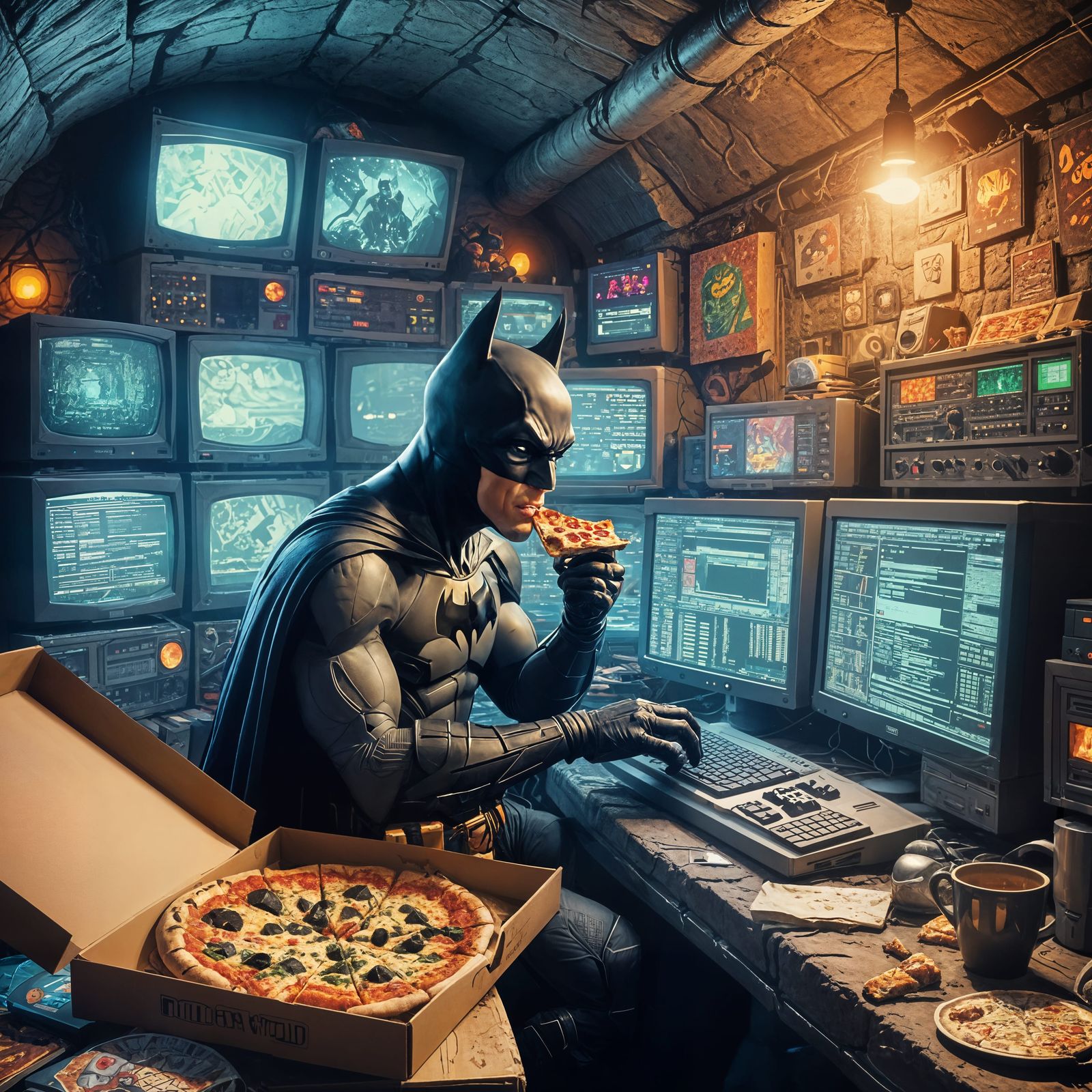 Batman Relaxing in Cave with Pizza, Lo-fi Style