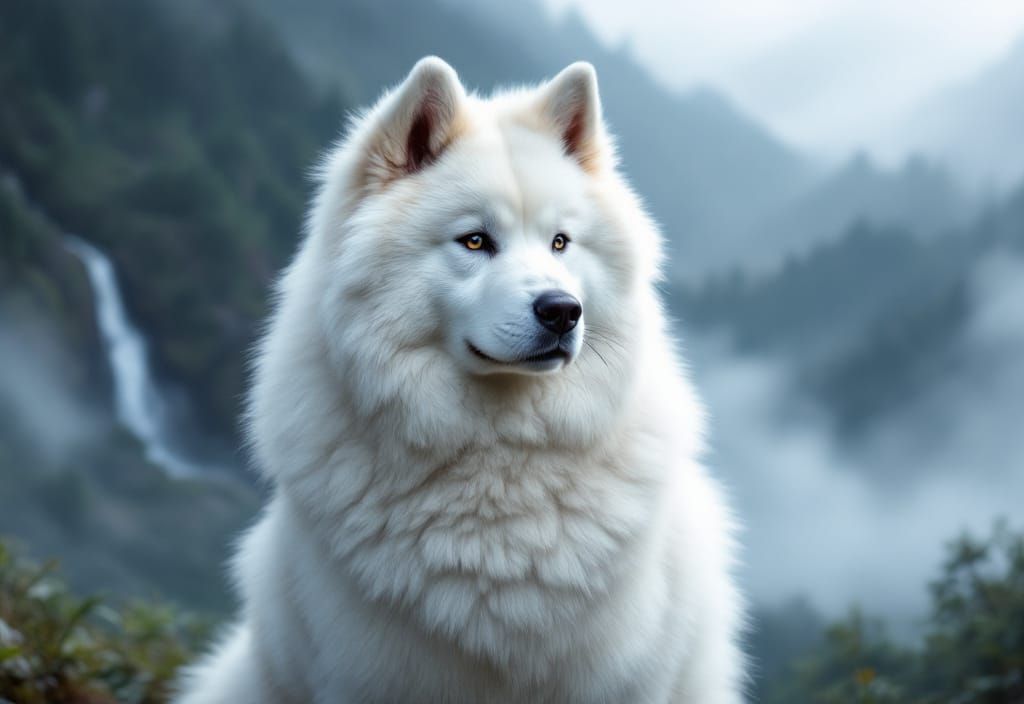 Majestic White Akita in Misty Mountain Landscape