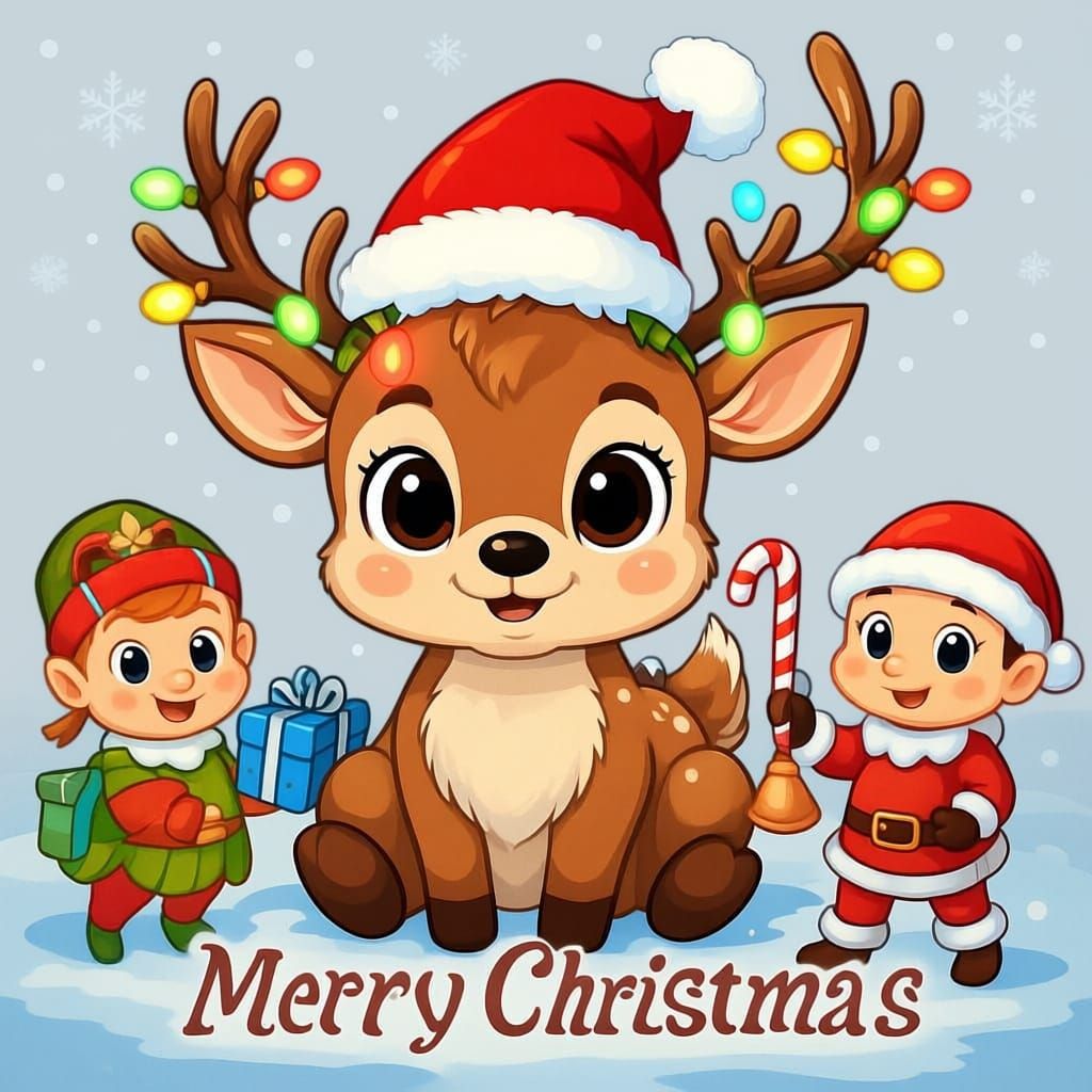 Adorable Cartoon Baby Reindeer in Santa Hat with Christmas L...