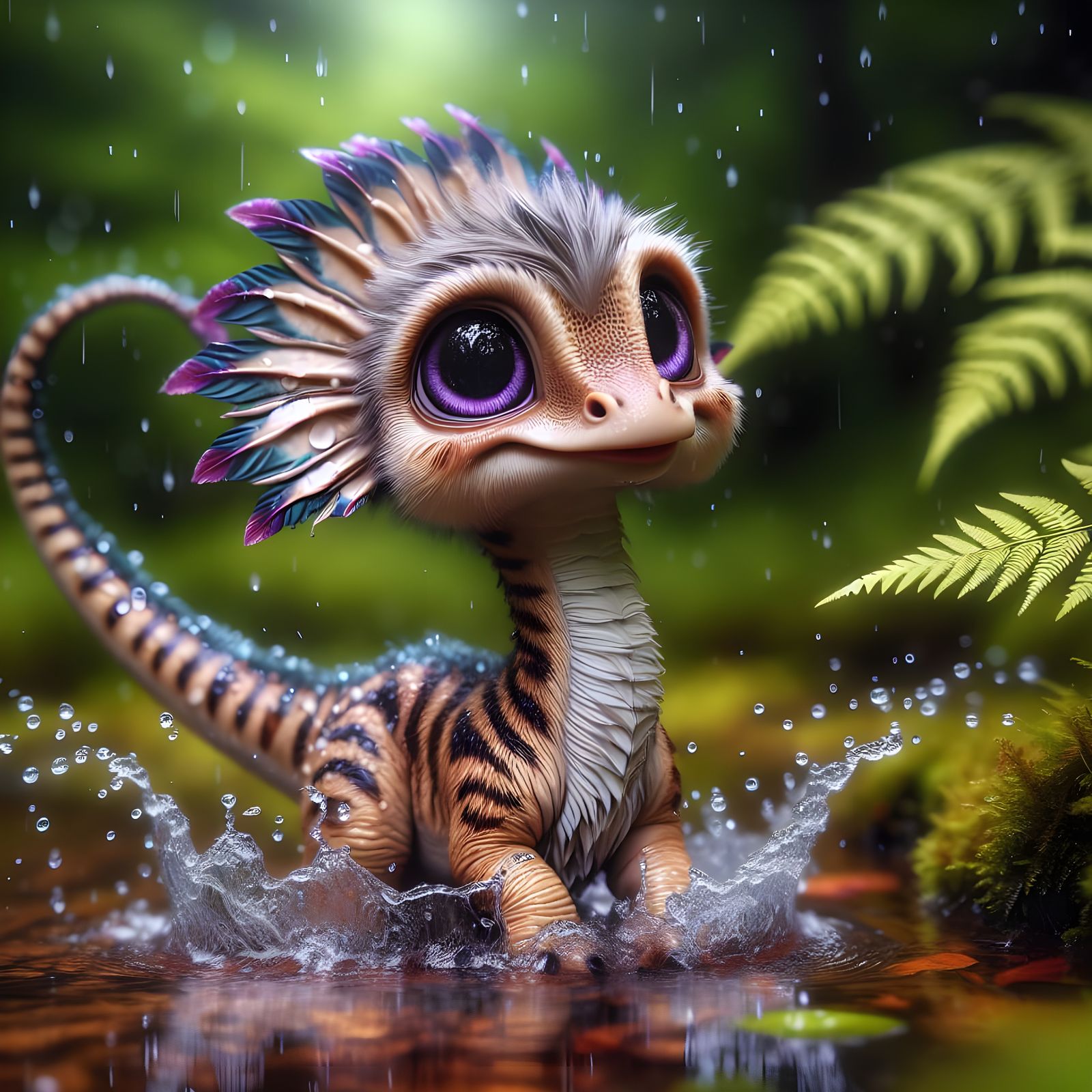 Adorable Baby Diplodocus Splashing in Forest Puddle