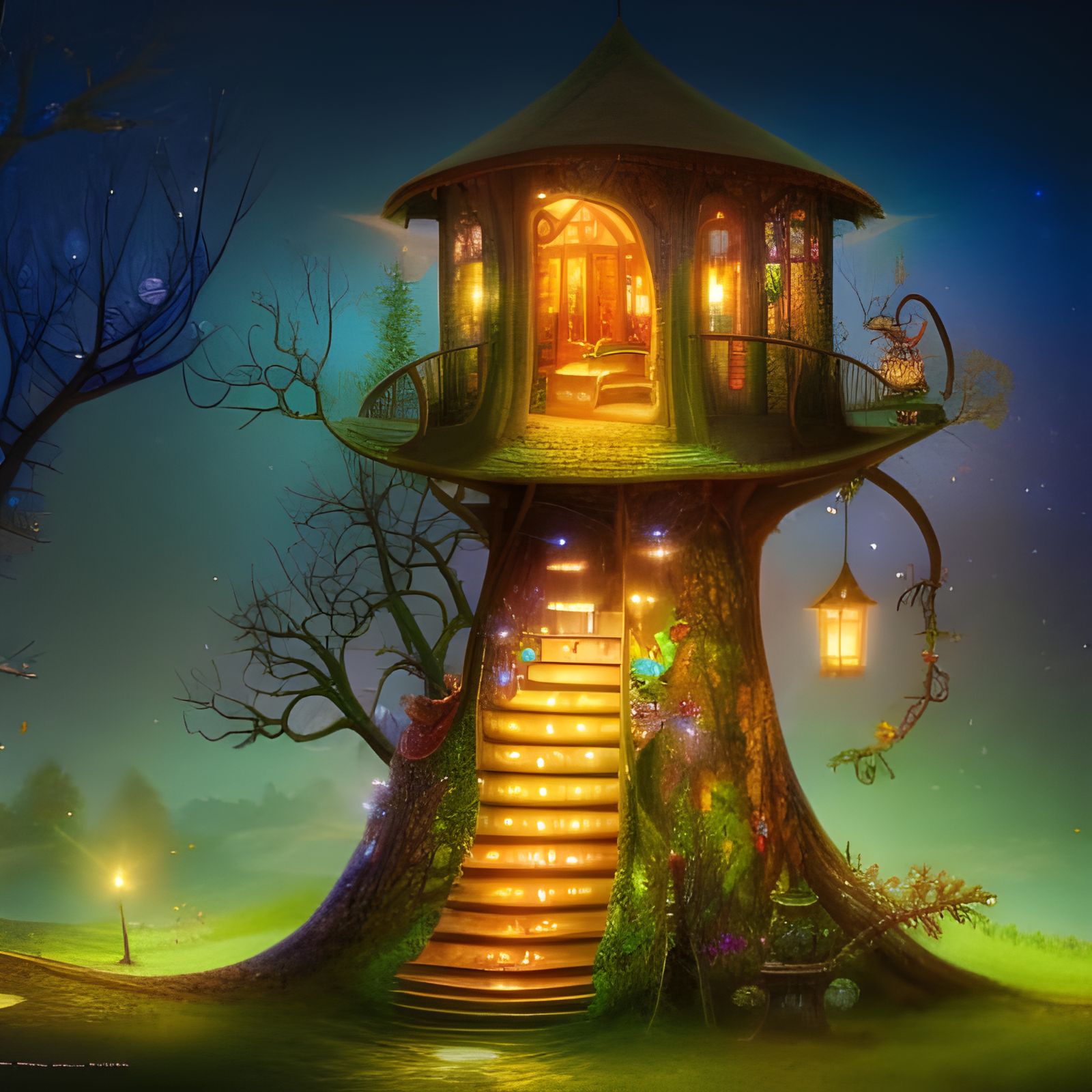 Enchanted Treehouse in Starry Forest, Digital Art