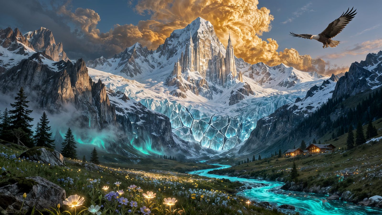 Swiss Alps Cathedral: Stone, Ice, and Golden Clouds