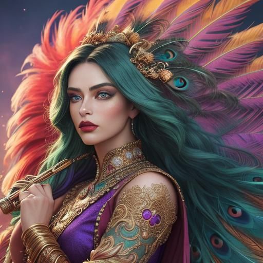 Peacock Haired Woman Portrait in Digital Art Style